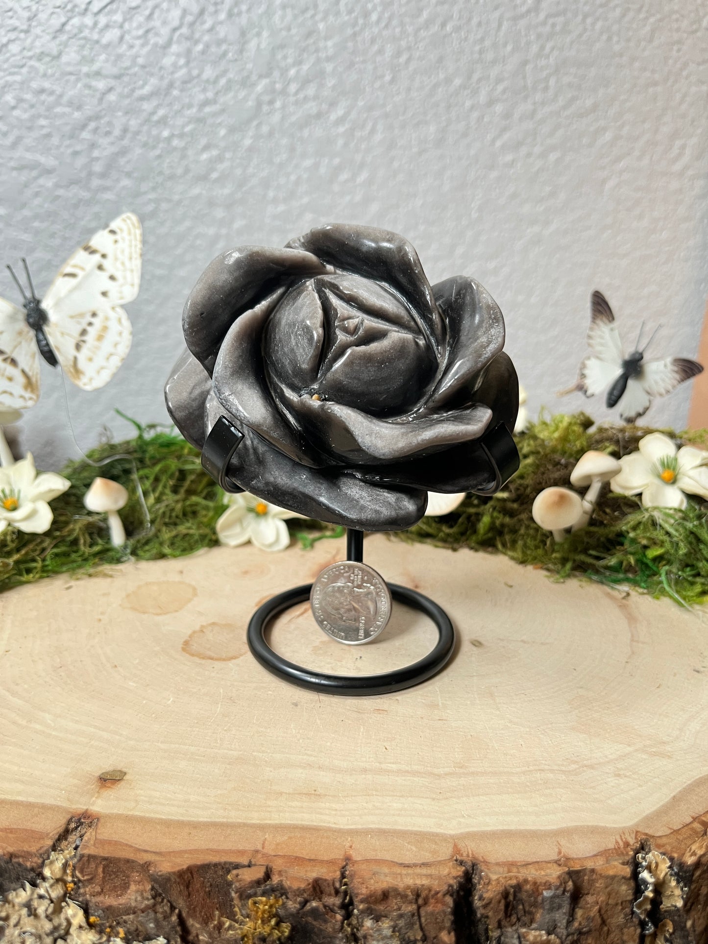 Silver Sheen Obsidian Rose and stand